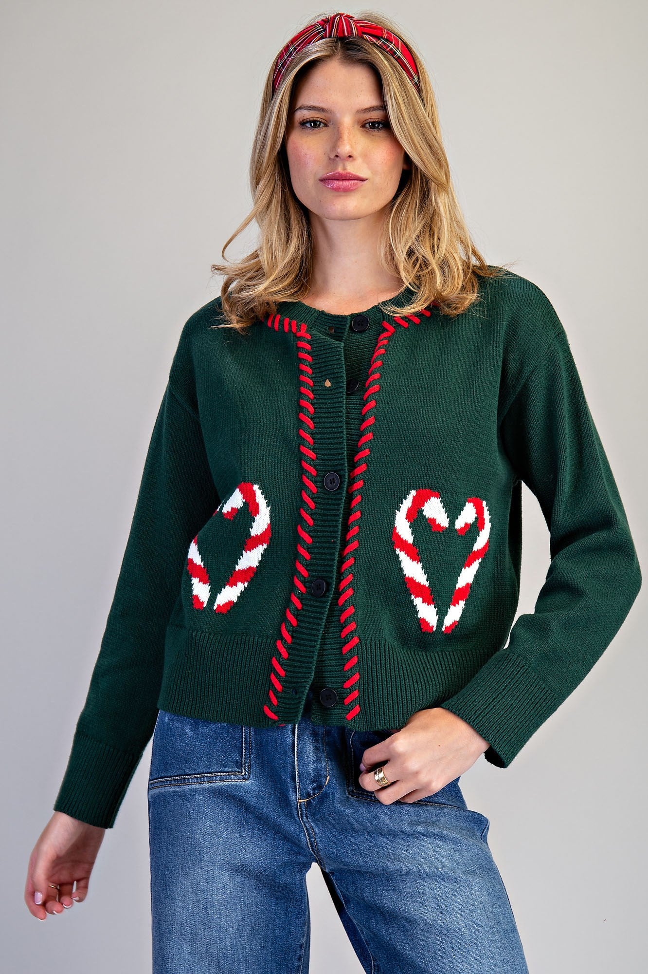 Candy Cane Heart Stitch Cardigan - Chirstmas Green