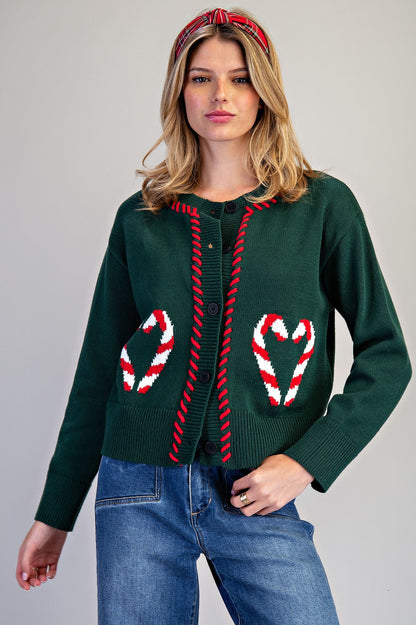 Candy Cane Heart Stitch Cardigan - Chirstmas Green