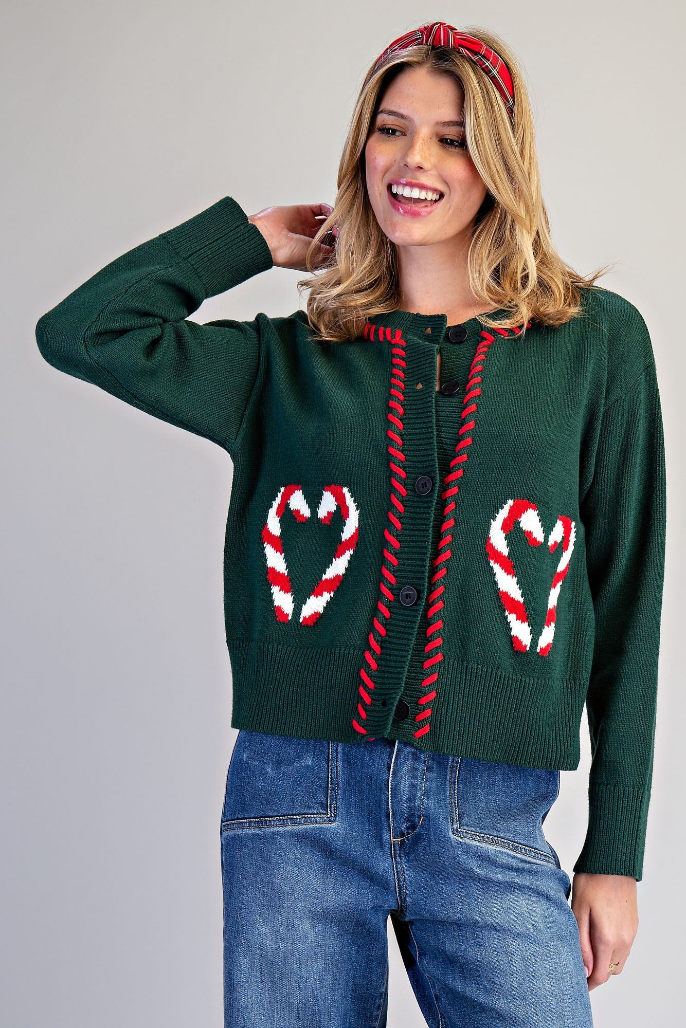 Candy Cane Heart Stitch Cardigan - Chirstmas Green