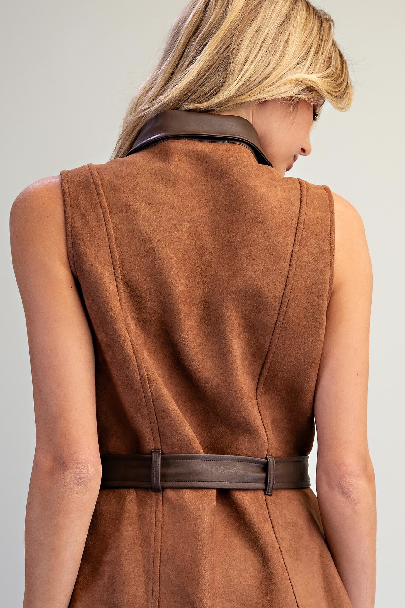 Suede Contrast Trim Sleeveless Dress in Camel
