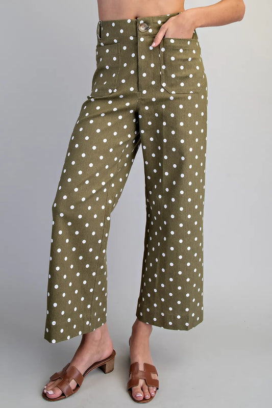 Polka Dot Straight Leg Pants in Ochre Olive
