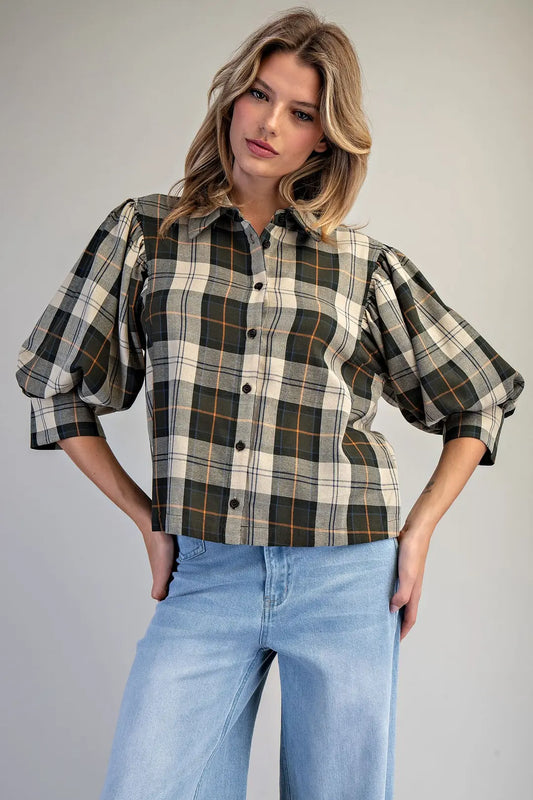 Plaid Button Down Blouse in Hunter Green