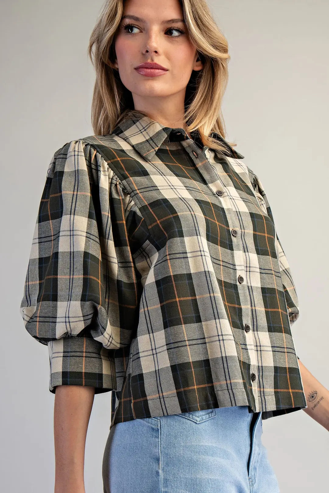 Plaid Button Down Blouse in Hunter Green