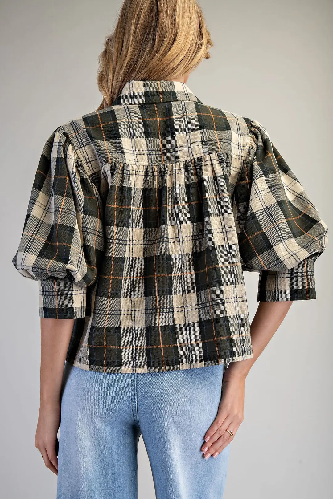 Plaid Button Down Blouse in Hunter Green