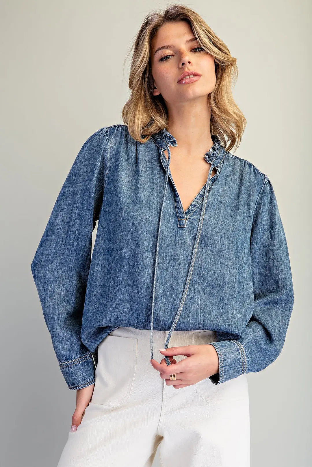 Mineral Washed Ruffle Tie Neck Blouse