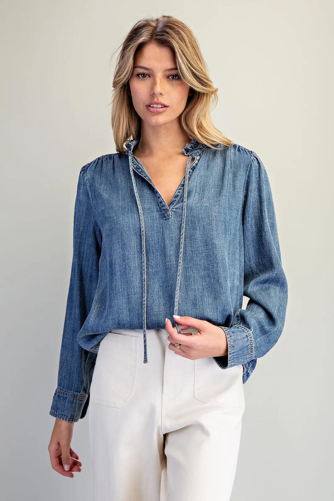 Mineral Washed Ruffle Tie Neck Blouse