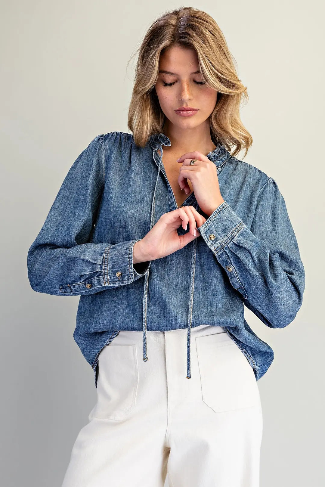 Mineral Washed Ruffle Tie Neck Blouse