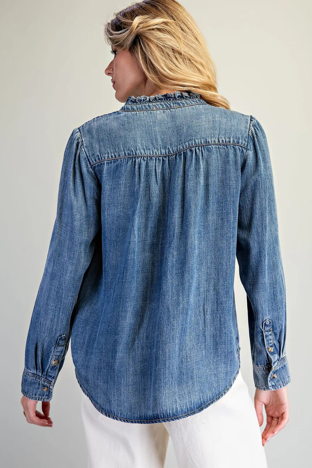 Mineral Washed Ruffle Tie Neck Blouse