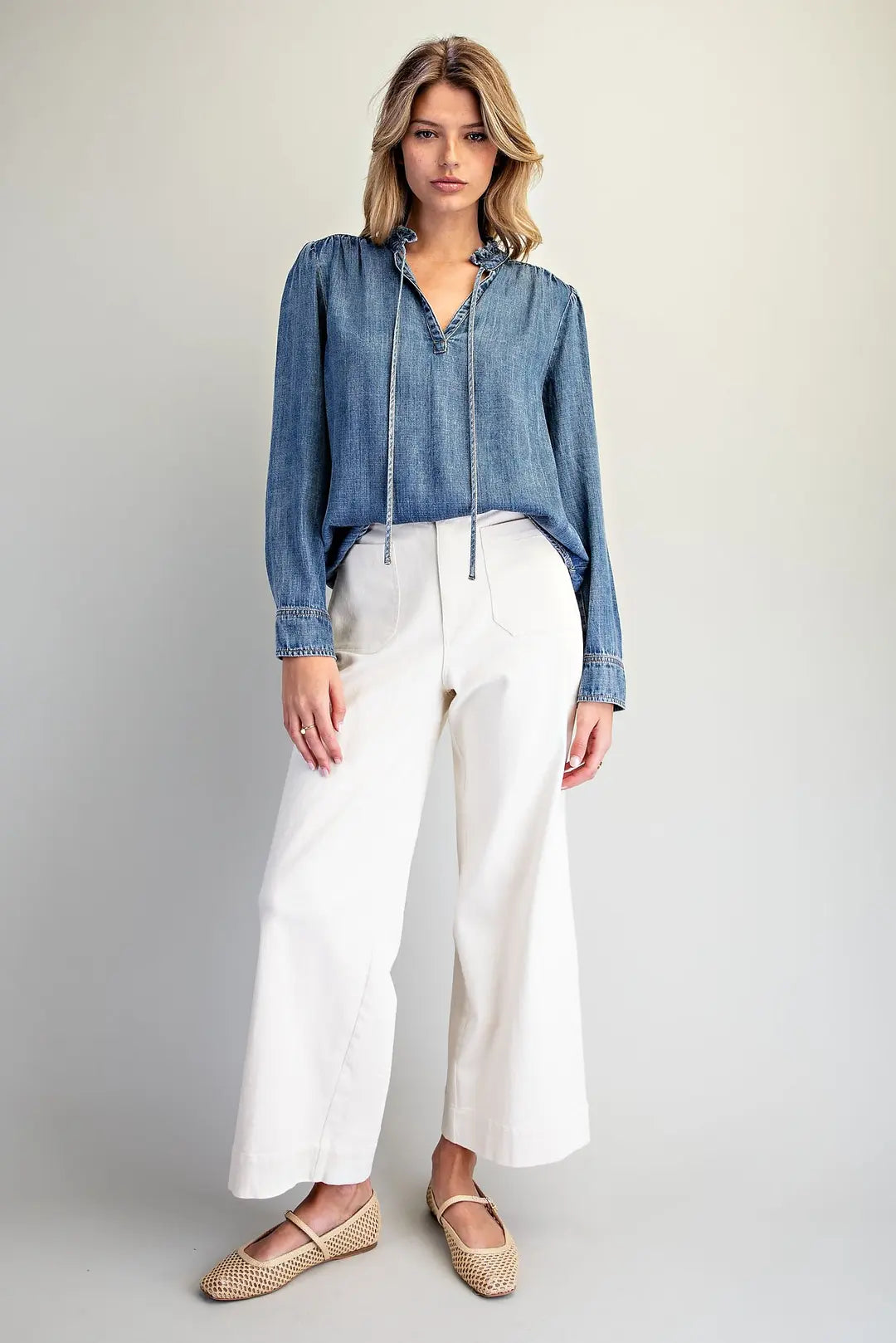 Mineral Washed Ruffle Tie Neck Blouse