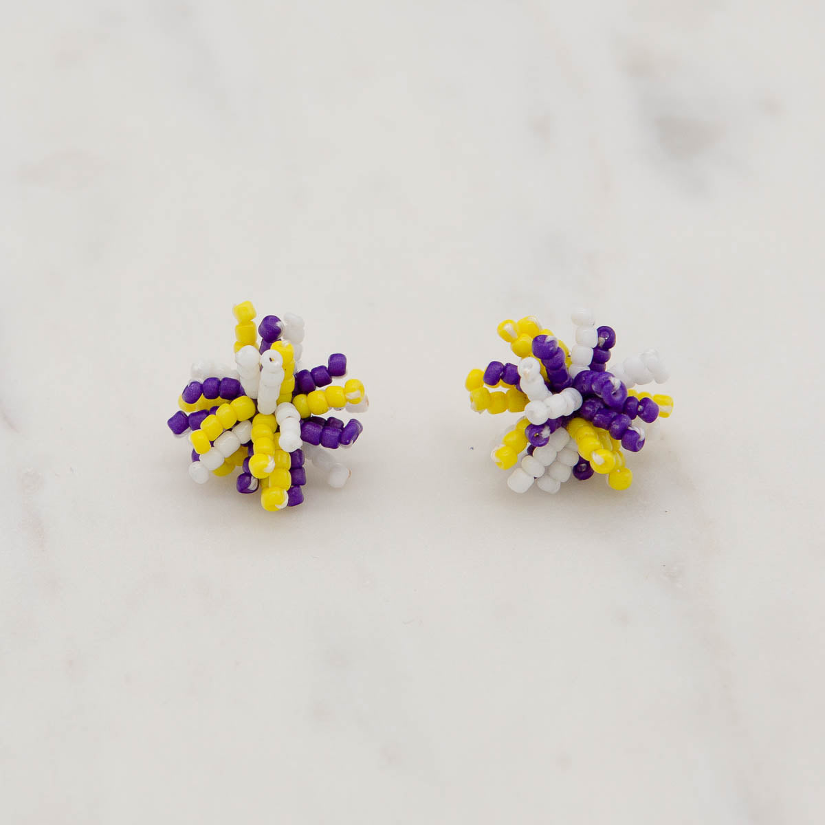 Pom Pom Stud Earrings in Purple & Yellow