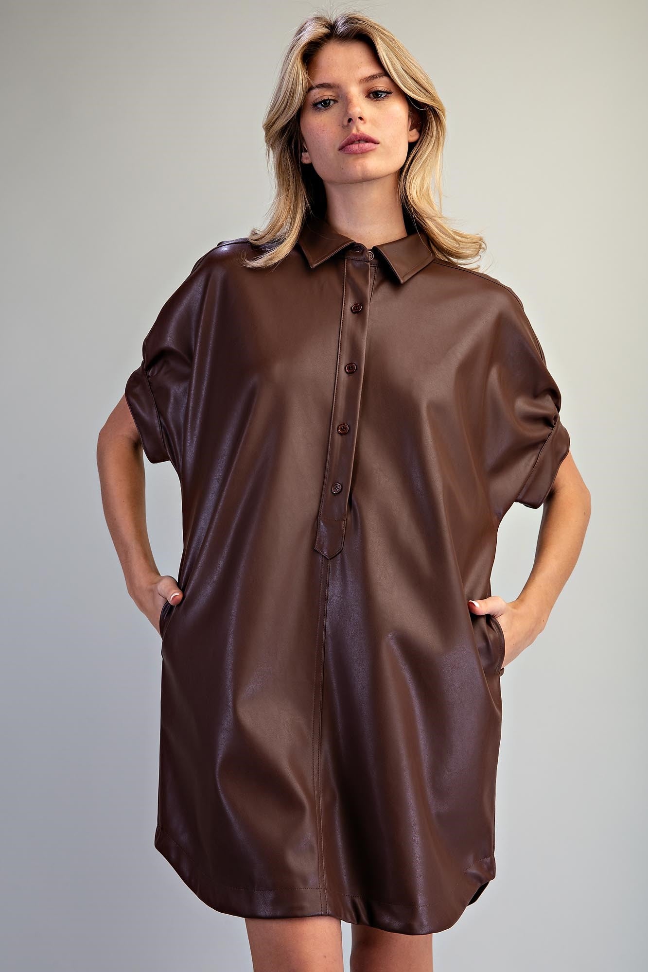Pleather Mini Shirt Dress in Bark Brown