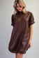 Pleather Mini Shirt Dress in Bark Brown