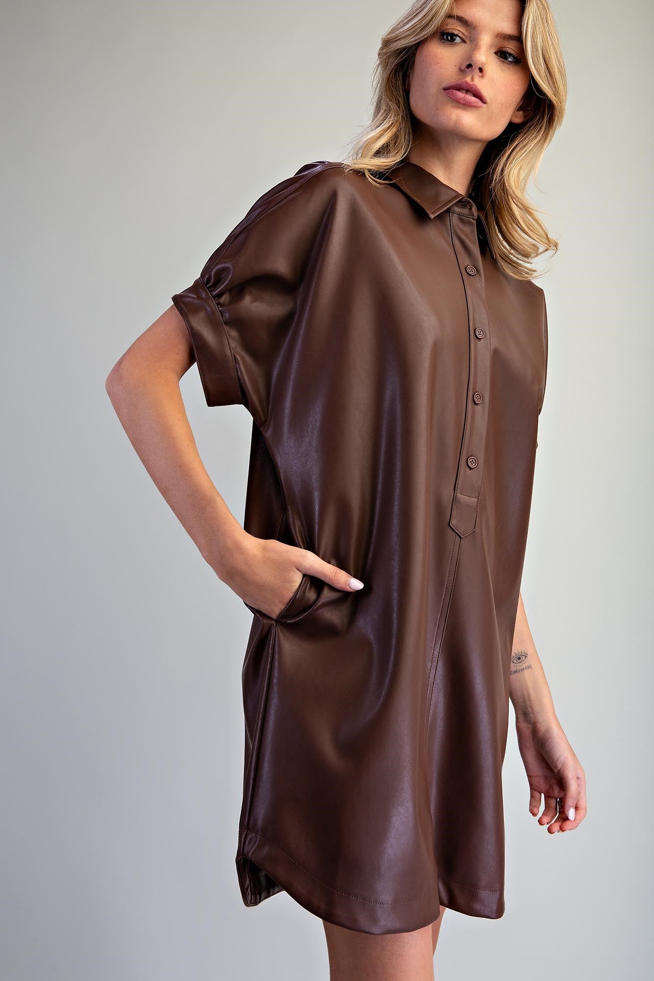 Pleather Mini Shirt Dress in Bark Brown