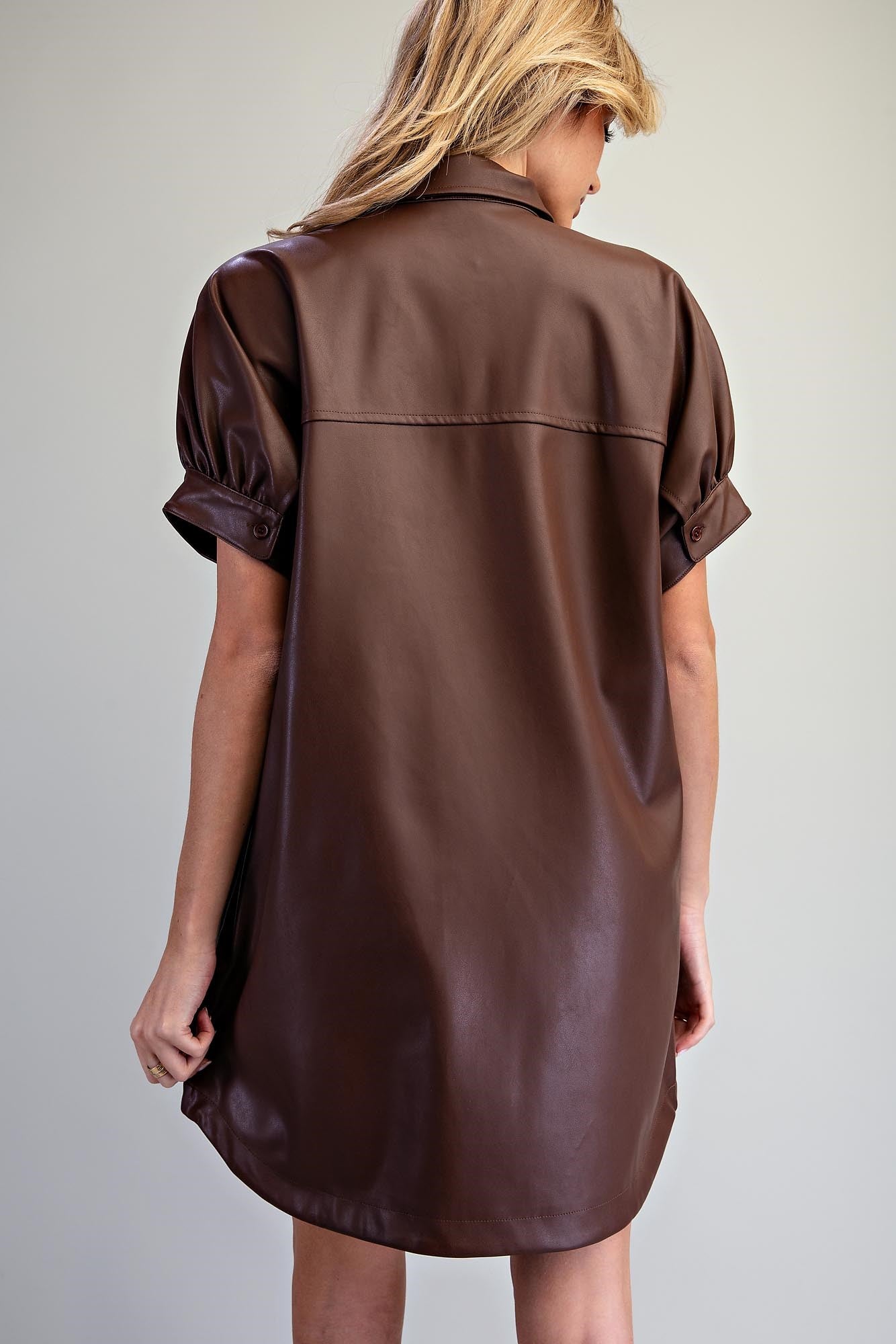 Pleather Mini Shirt Dress in Bark Brown