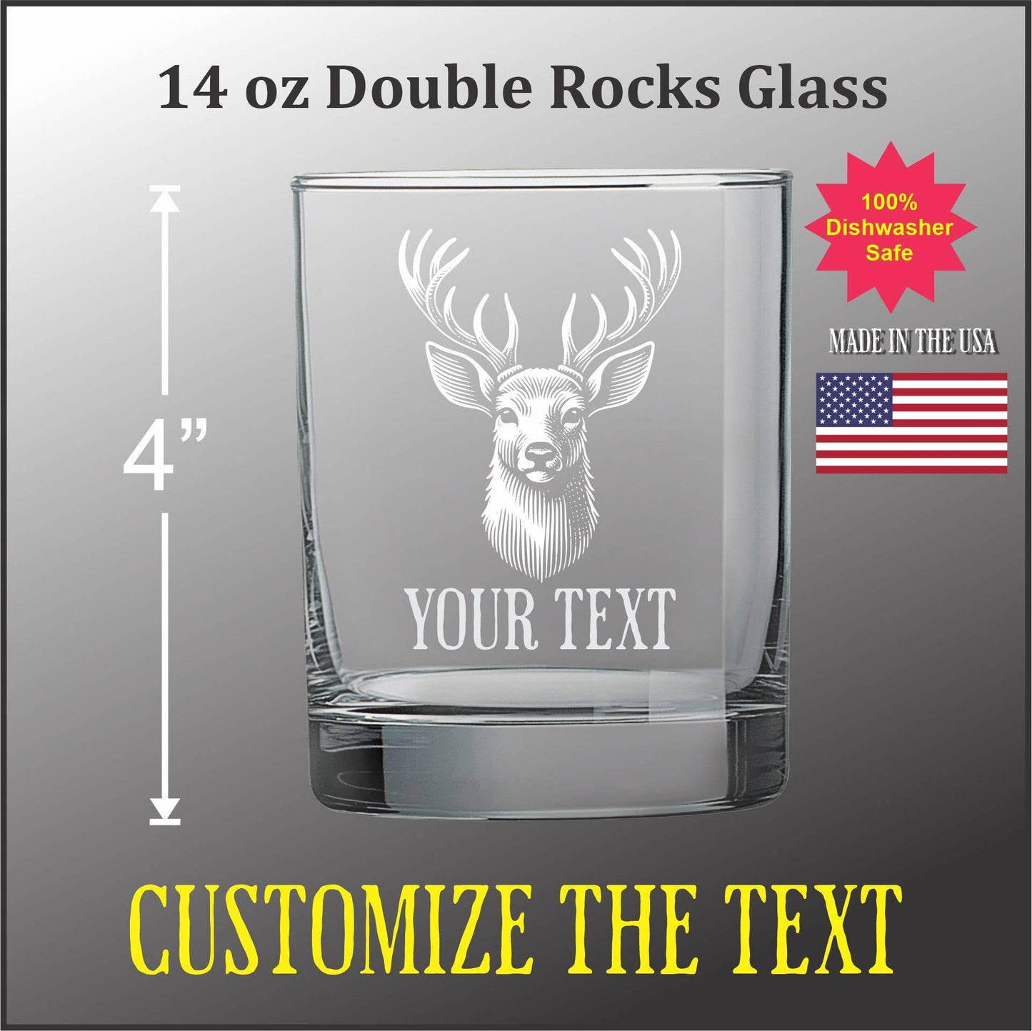 Stag Double Old Fashioned Glass - 14 oz Vintage Engraved Design