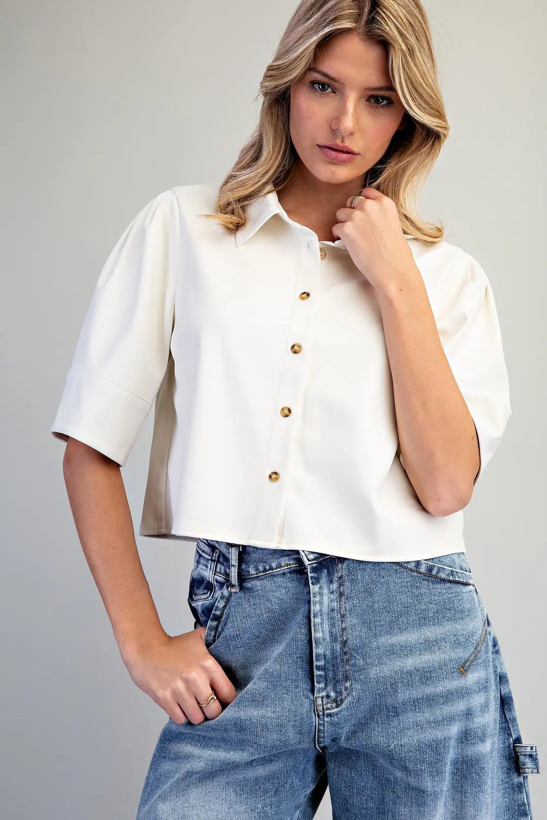 Pleather Button Down Shirt in Bone