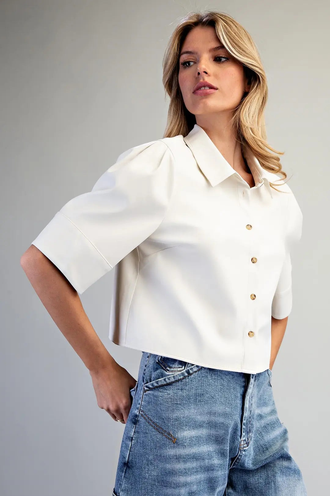 Pleather Button Down Shirt in Bone