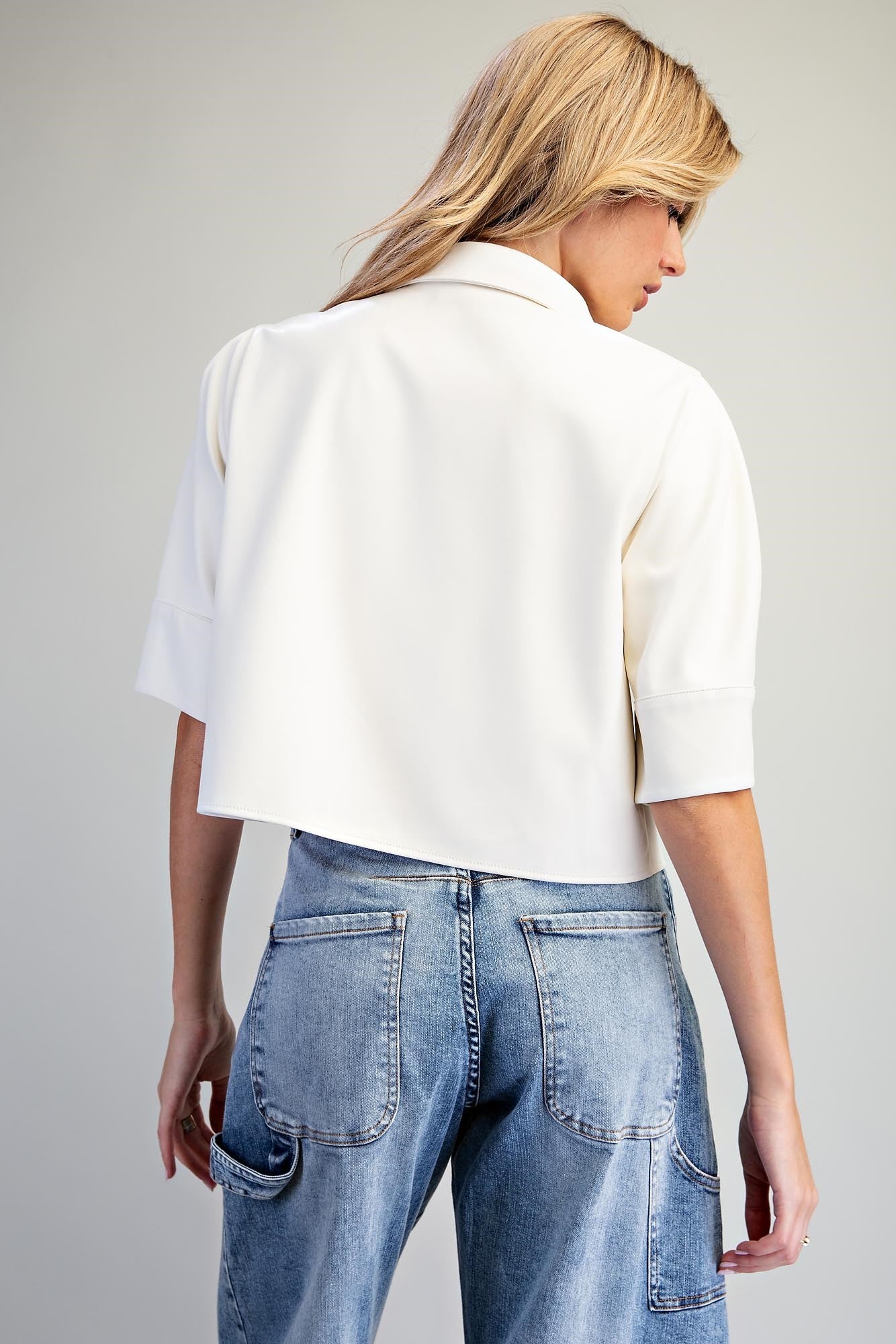Pleather Button Down Shirt in Bone