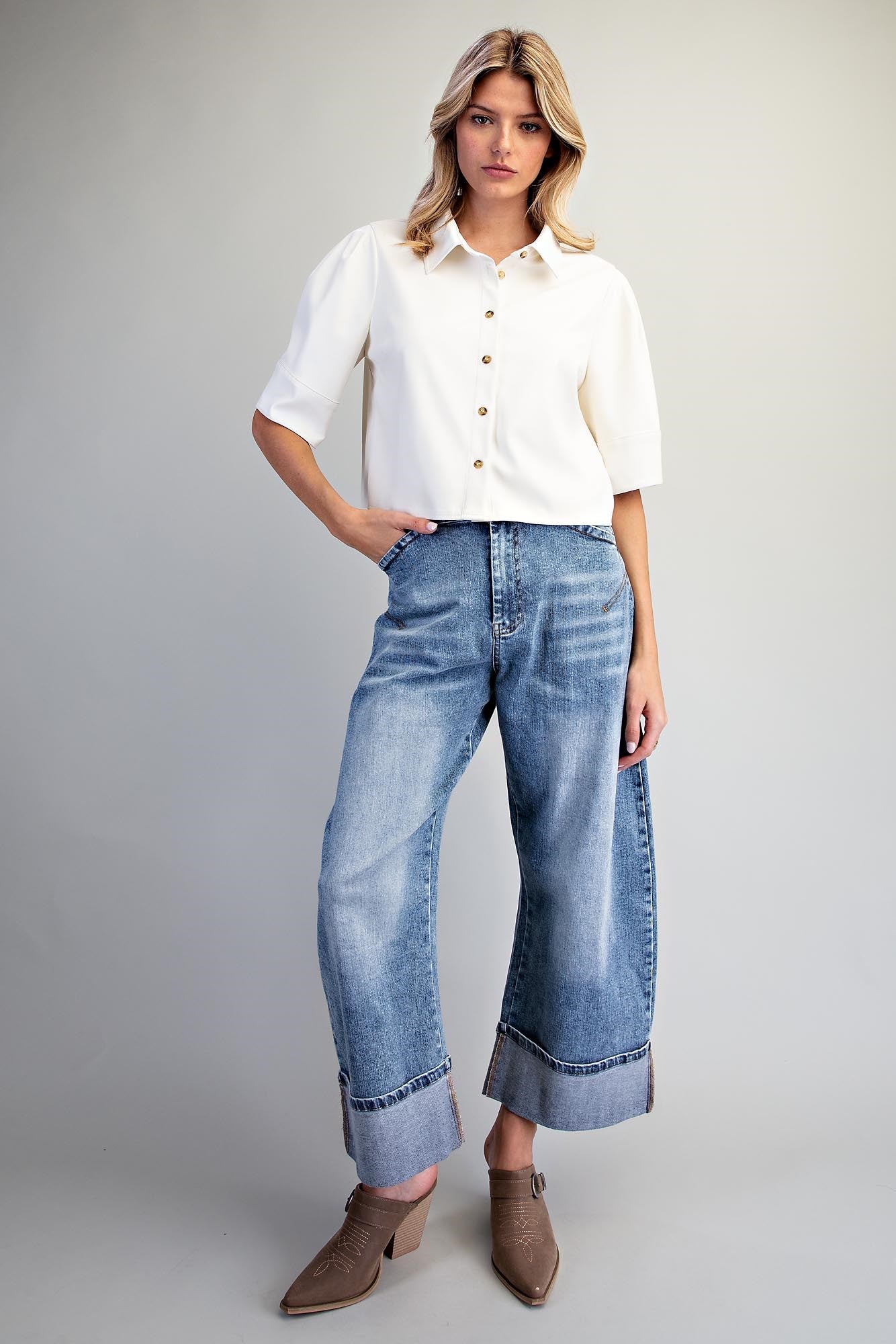 Pleather Button Down Shirt in Bone