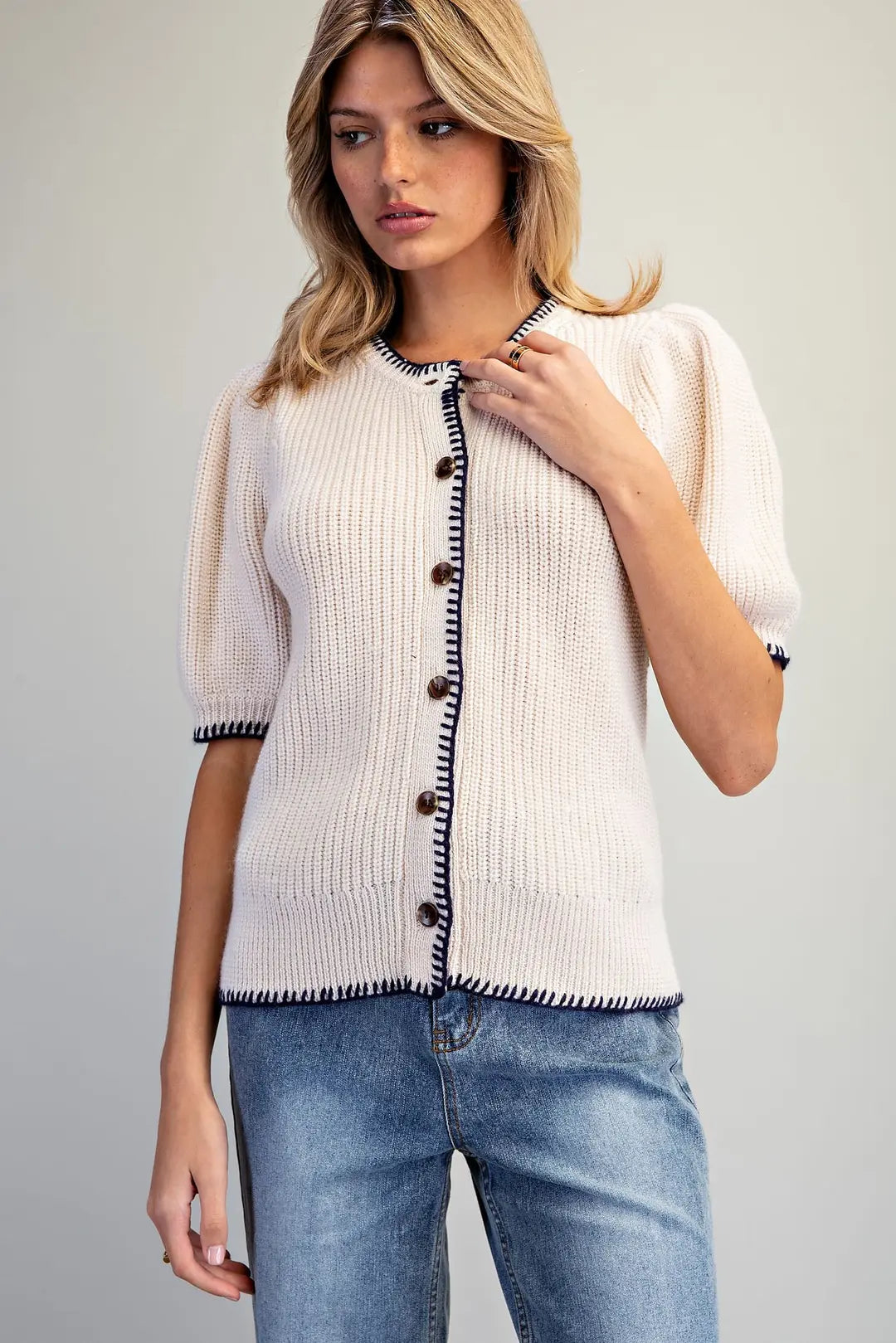 Whipstitch Short Puff Sleeve Cardigan