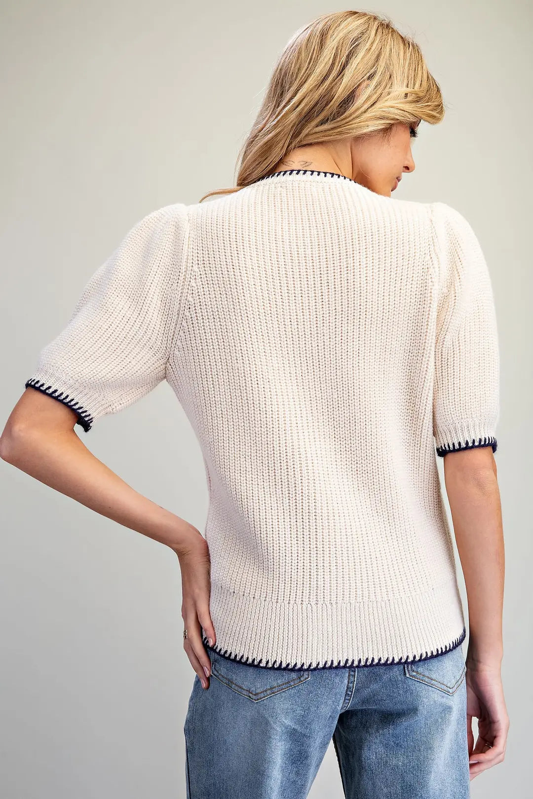 Whipstitch Short Puff Sleeve Cardigan