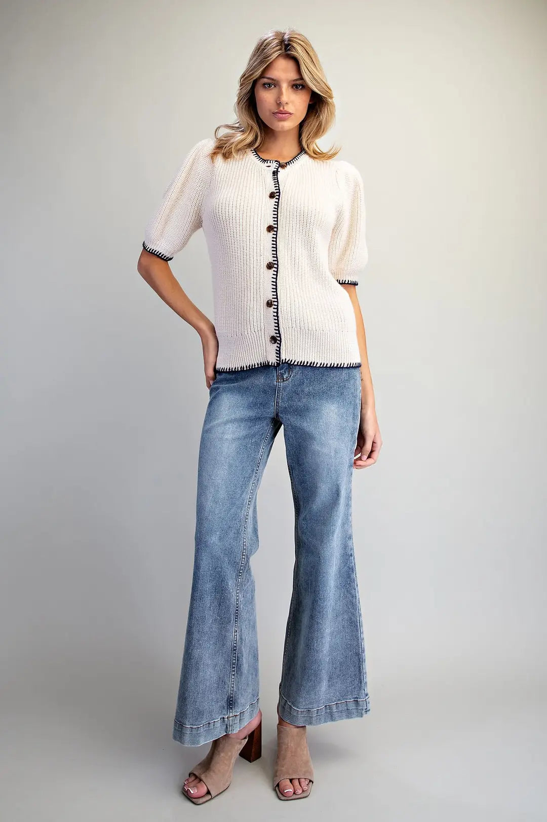 Whipstitch Short Puff Sleeve Cardigan