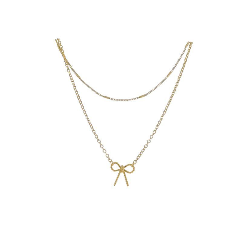 Gold Plated Gold Cable, Textured Cable Chain 2 Layer Necklace w/Twisted Bow Pendant