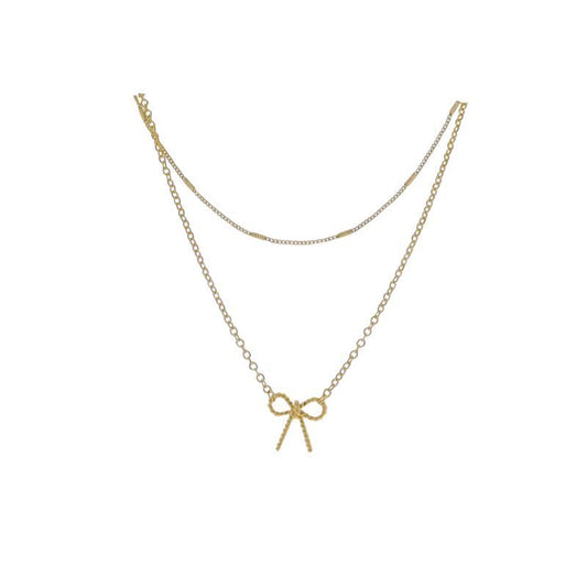 Gold Plated Gold Cable, Textured Cable Chain 2 Layer Necklace w/Twisted Bow Pendant