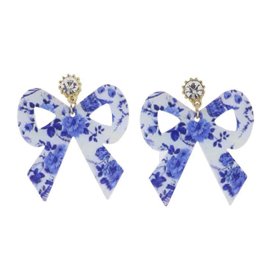 Blue, White Printed Bow Earring w/Clear Crystal Post