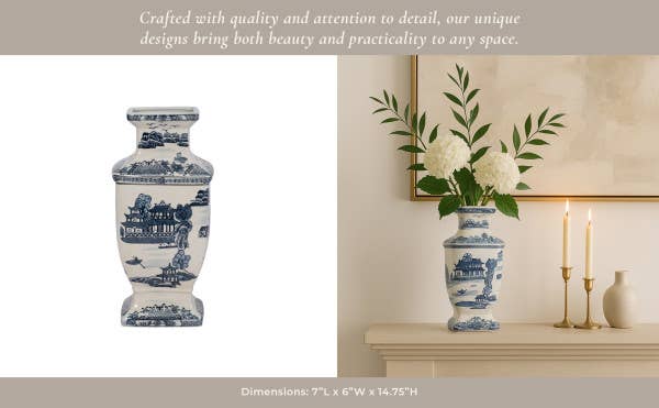 Decorative Jar - Blue Ceramic Chinoiserie Temple, 15 in.