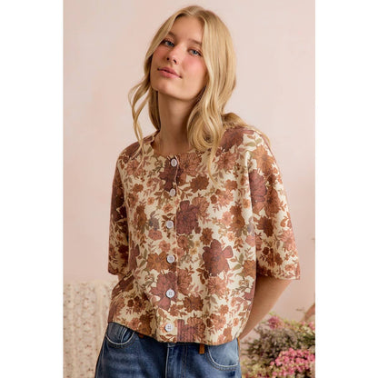 Floral Print Ivory/Brown Button Front Sweater Vest
