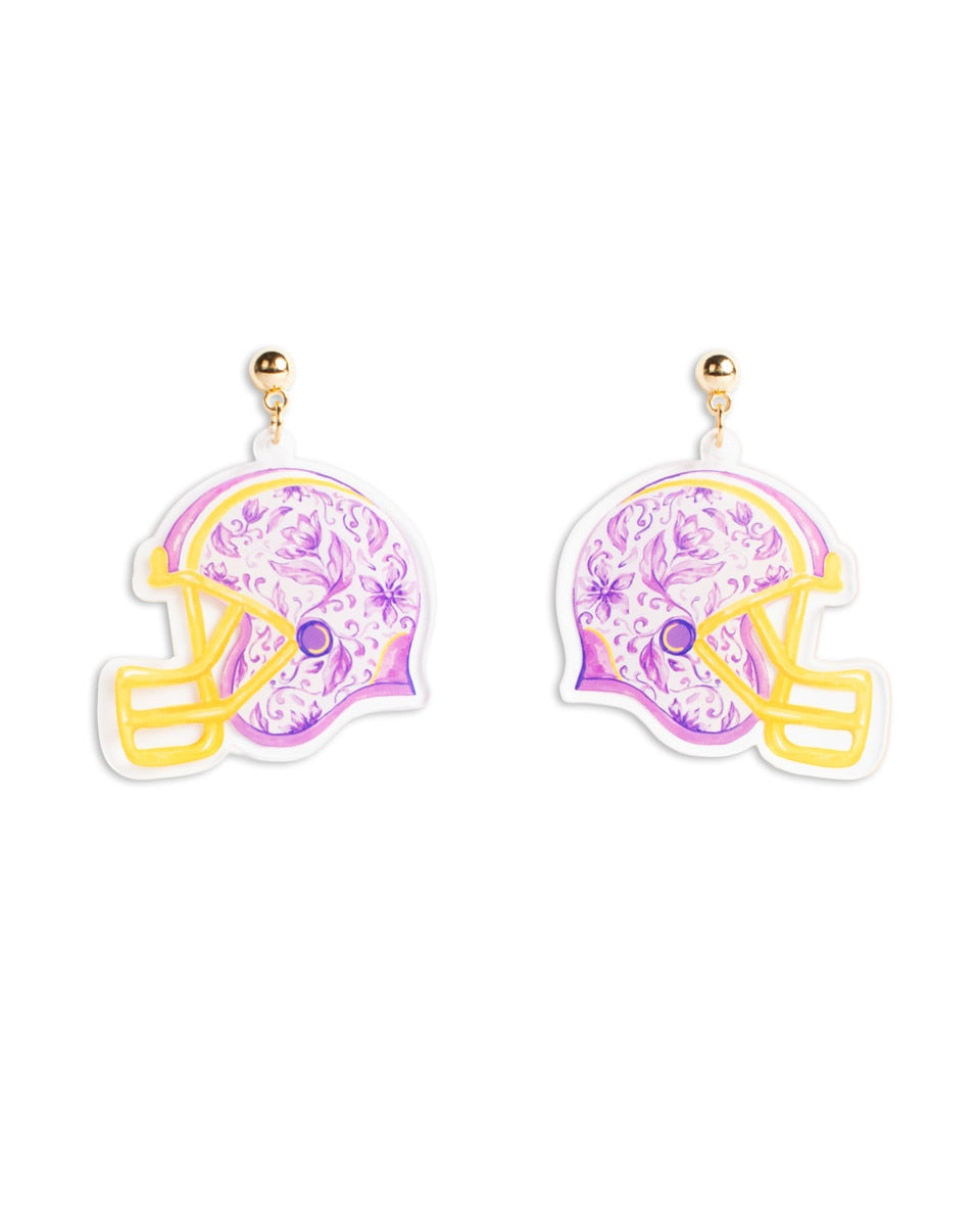 Chinoiserie Gameday Acrylic Earrings in Purple and Gold