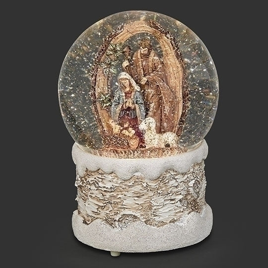Lighted Swirl Holy Family in Wood Log Snow Globe
