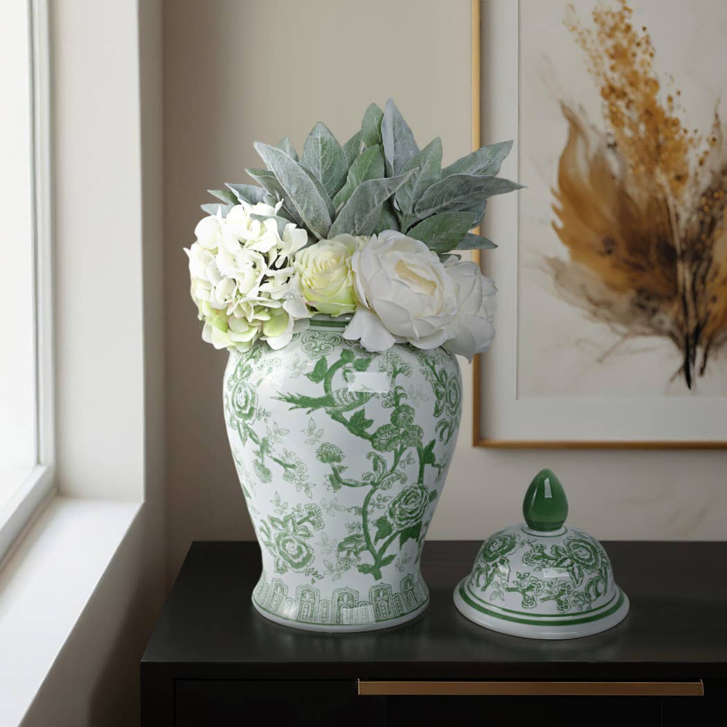Ceramic Bird Flower Decorative Temple Jar - Green, 18 in.
