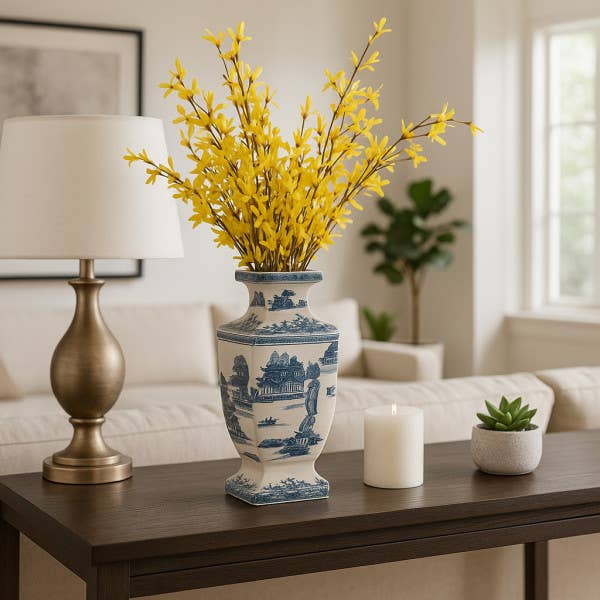 Decorative Jar - Blue Ceramic Chinoiserie Temple, 15 in.