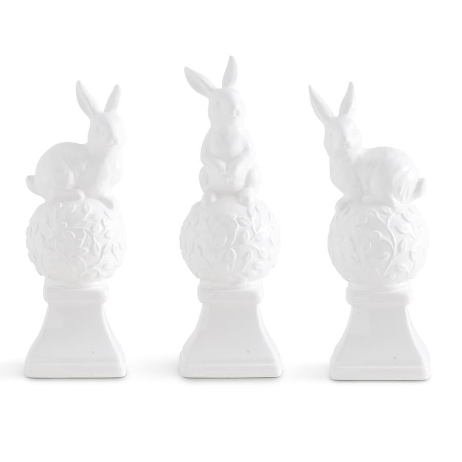 White Ceramic Finials w/Bunnies On Top (3 Styles)