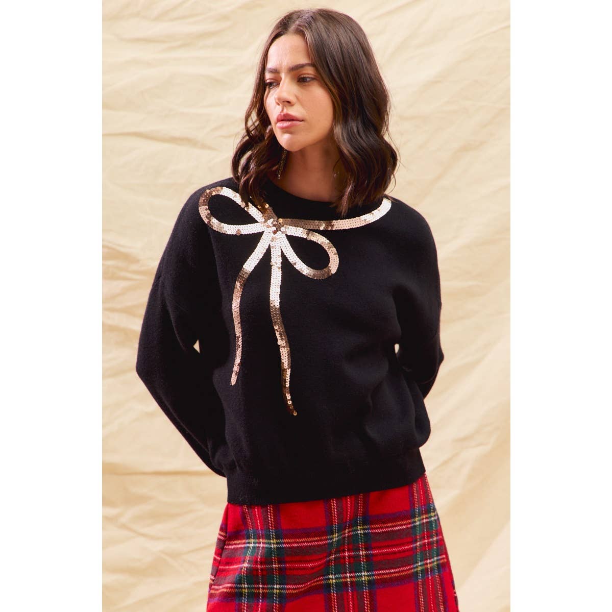 SEQUINS RIBBON CHRISTMAS HOLIDAY SWEATER TOP: BLACK/GOLD / XL