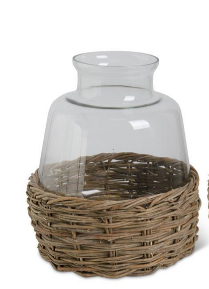 Clear Glass Vases in Woven Rattan Baskets (2 Sizes)