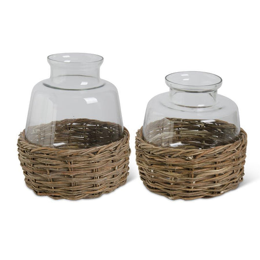 Clear Glass Vases in Woven Rattan Baskets (2 Sizes)