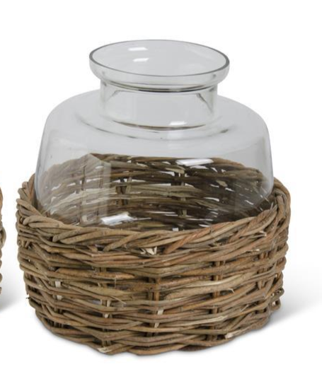 Clear Glass Vases in Woven Rattan Baskets (2 Sizes)