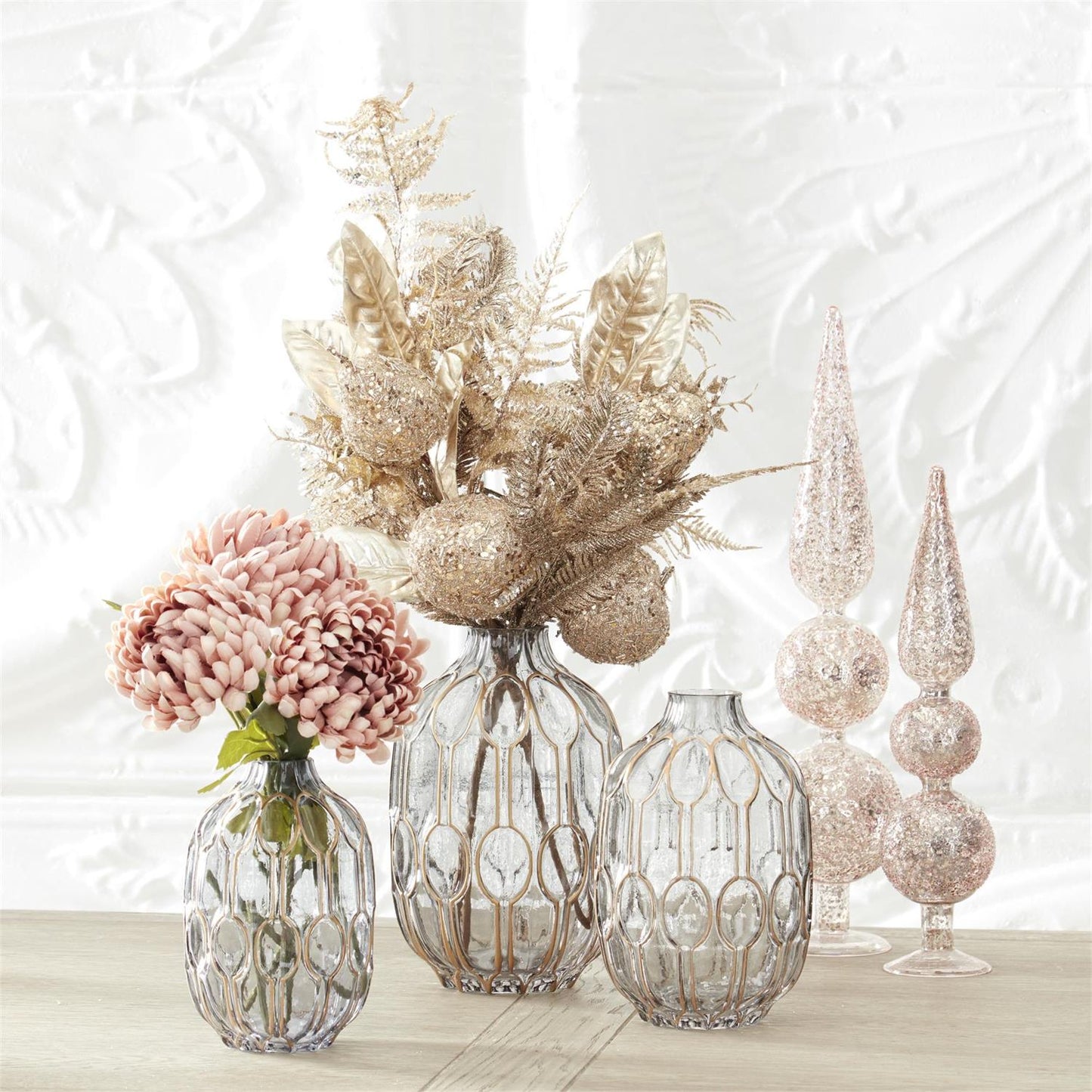 Smoked Glass Gold Oval Embossed Vases( 3 Sizes)
