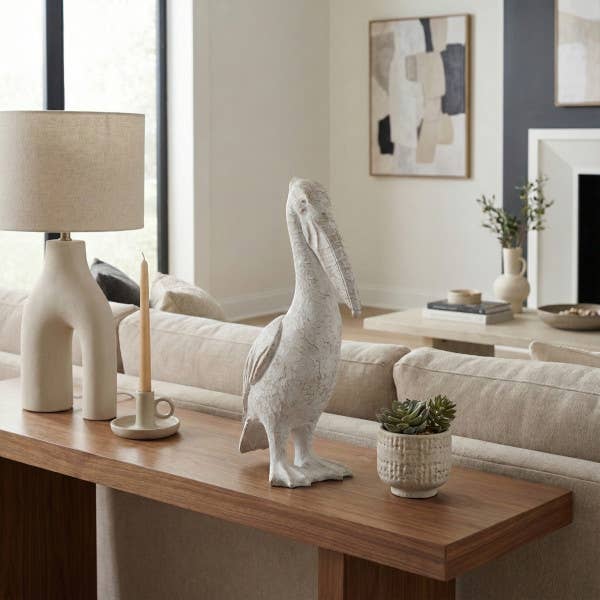 Decorative Figurine - White Ceramic Standing Pelican, 14 in.
