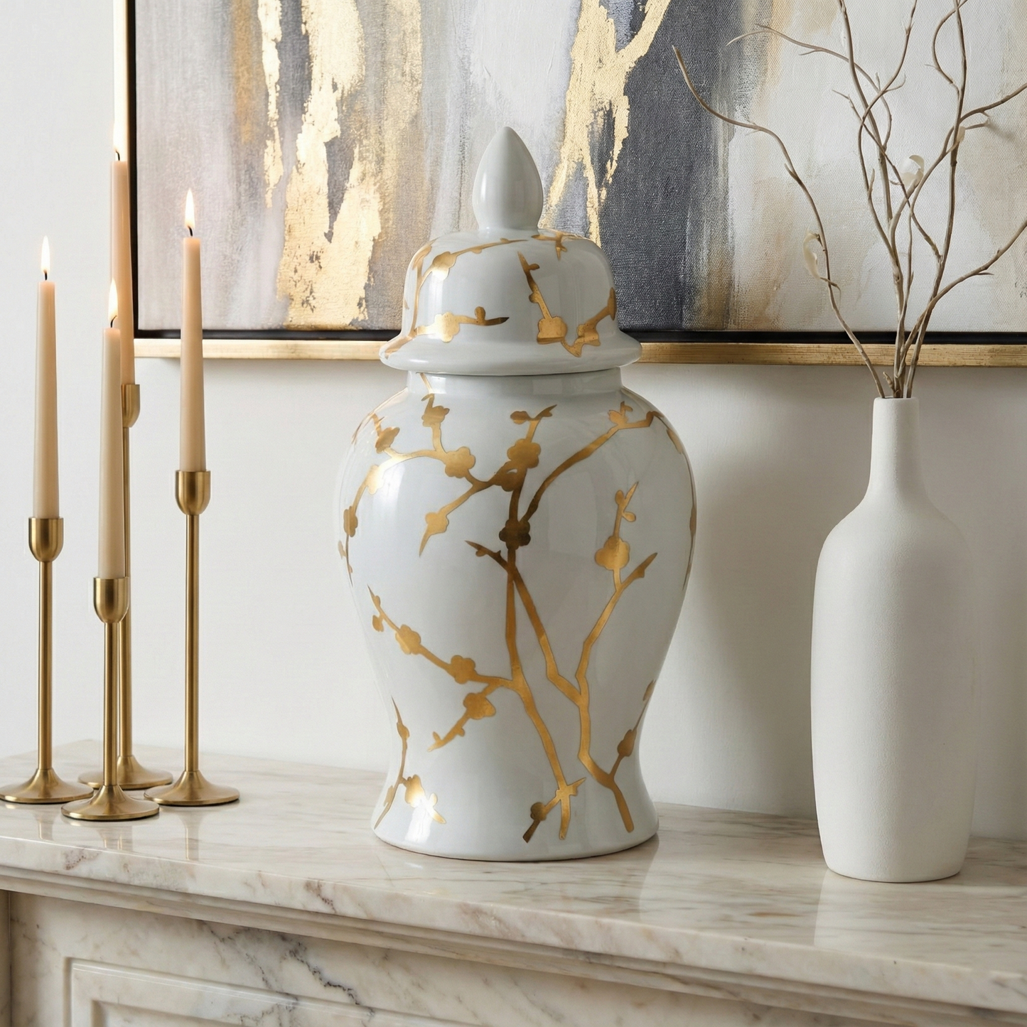 Decorative Temple Jar - White Ceramic Gold Cherry, 14 in.