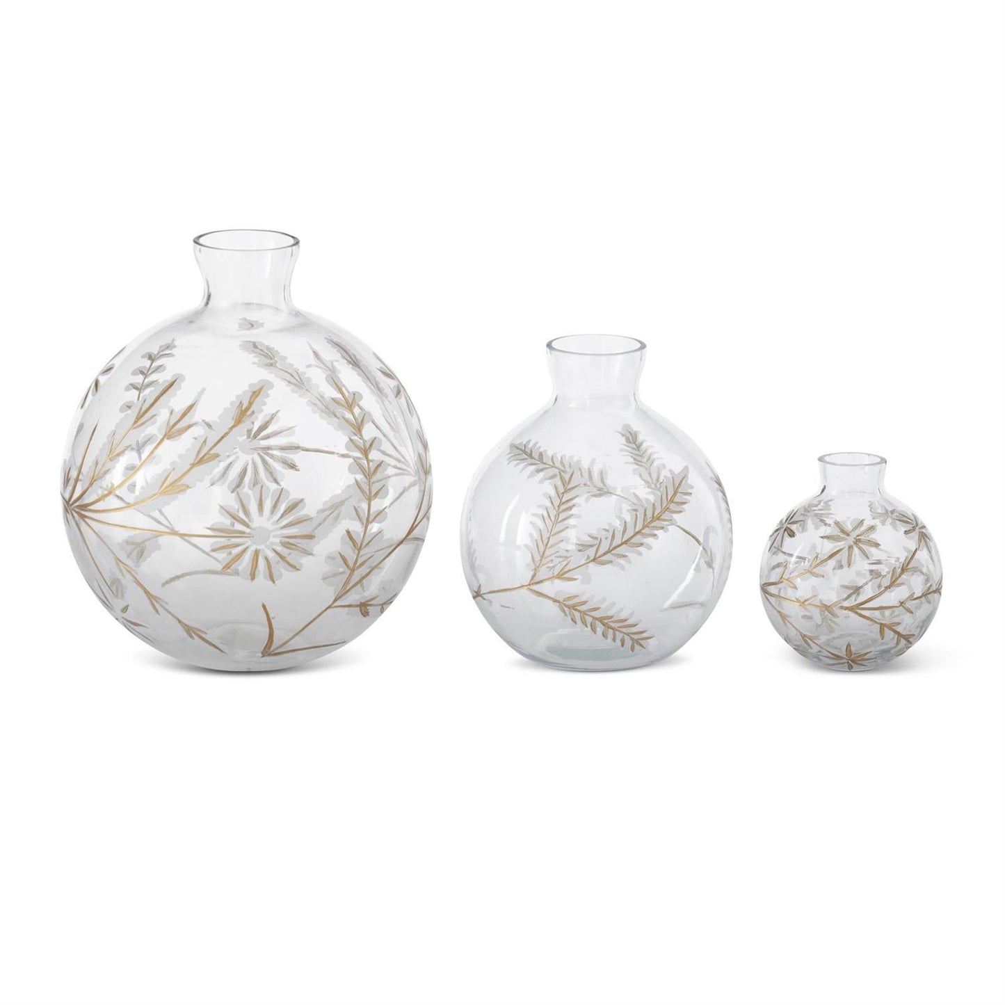 Round Etched White & Gold Painted Floral Glass Vases (3 Sizes)