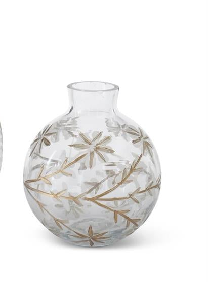 Round Etched White & Gold Painted Floral Glass Vases (3 Sizes)