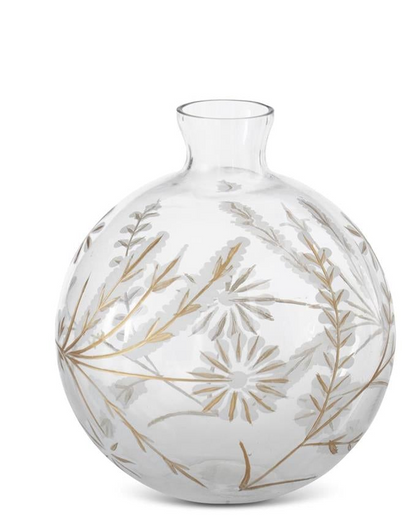 Round Etched White & Gold Painted Floral Glass Vases (3 Sizes)