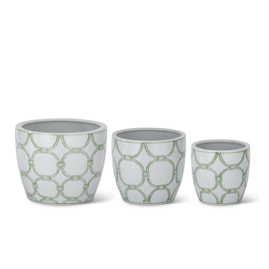 Green & White Ceramic Pots w/Drains ( 3 Sizes)