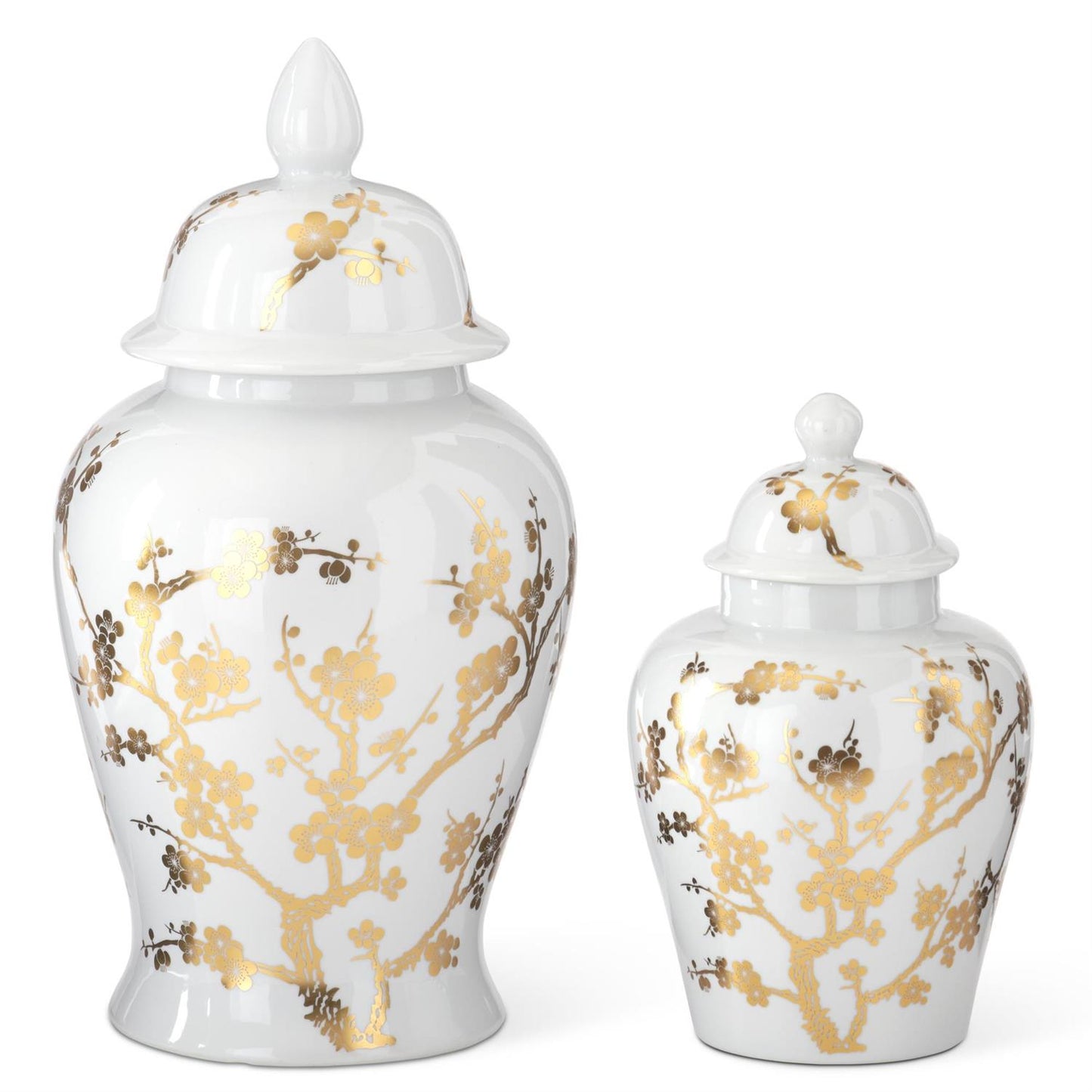 White & Gold Chinoiserie Vases w/Lid (2 Sizes)