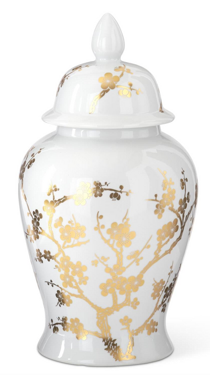 White & Gold Chinoiserie Vases w/Lid (2 Sizes)