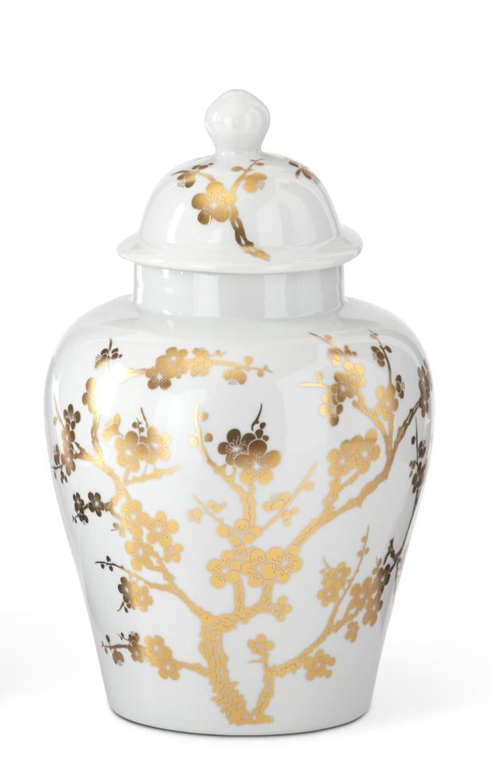 White & Gold Chinoiserie Vases w/Lid (2 Sizes)